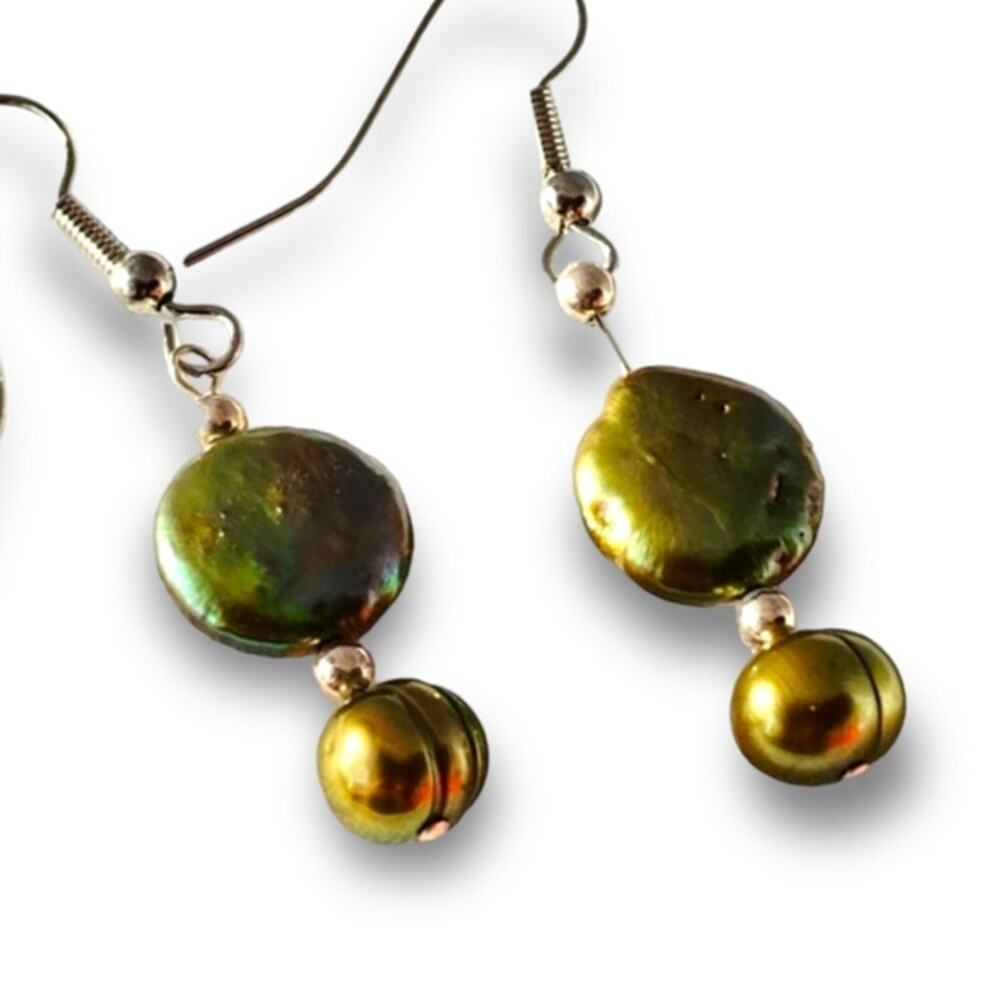 Dragonskin Olive Green / Gold Coin pearl earrings